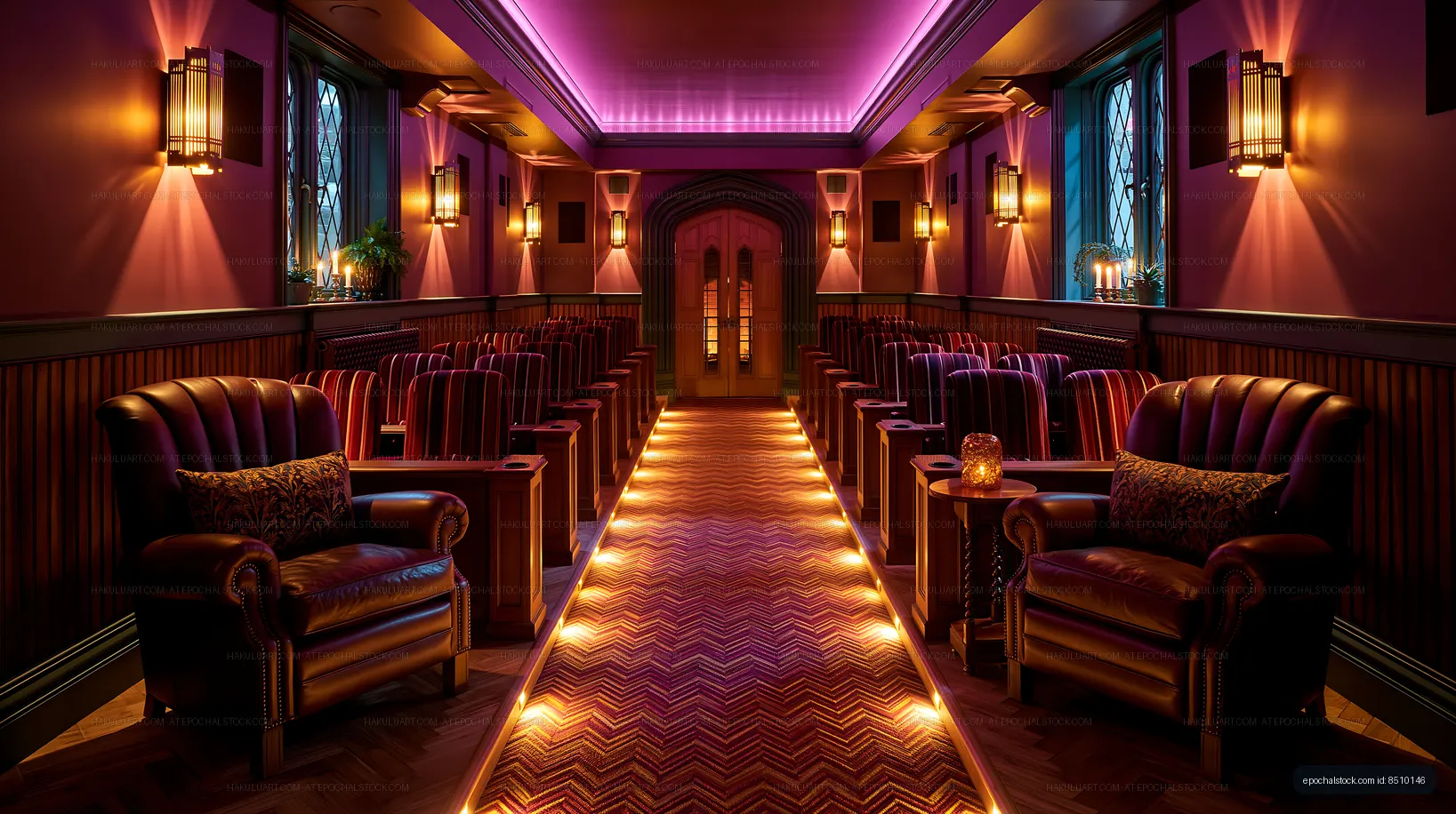 Warmly lit Art Deco auditorium with glowing central walkway