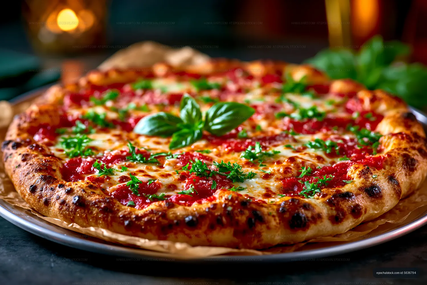 Wood-fired style pizza with tomato, cheese, herbs, and basil