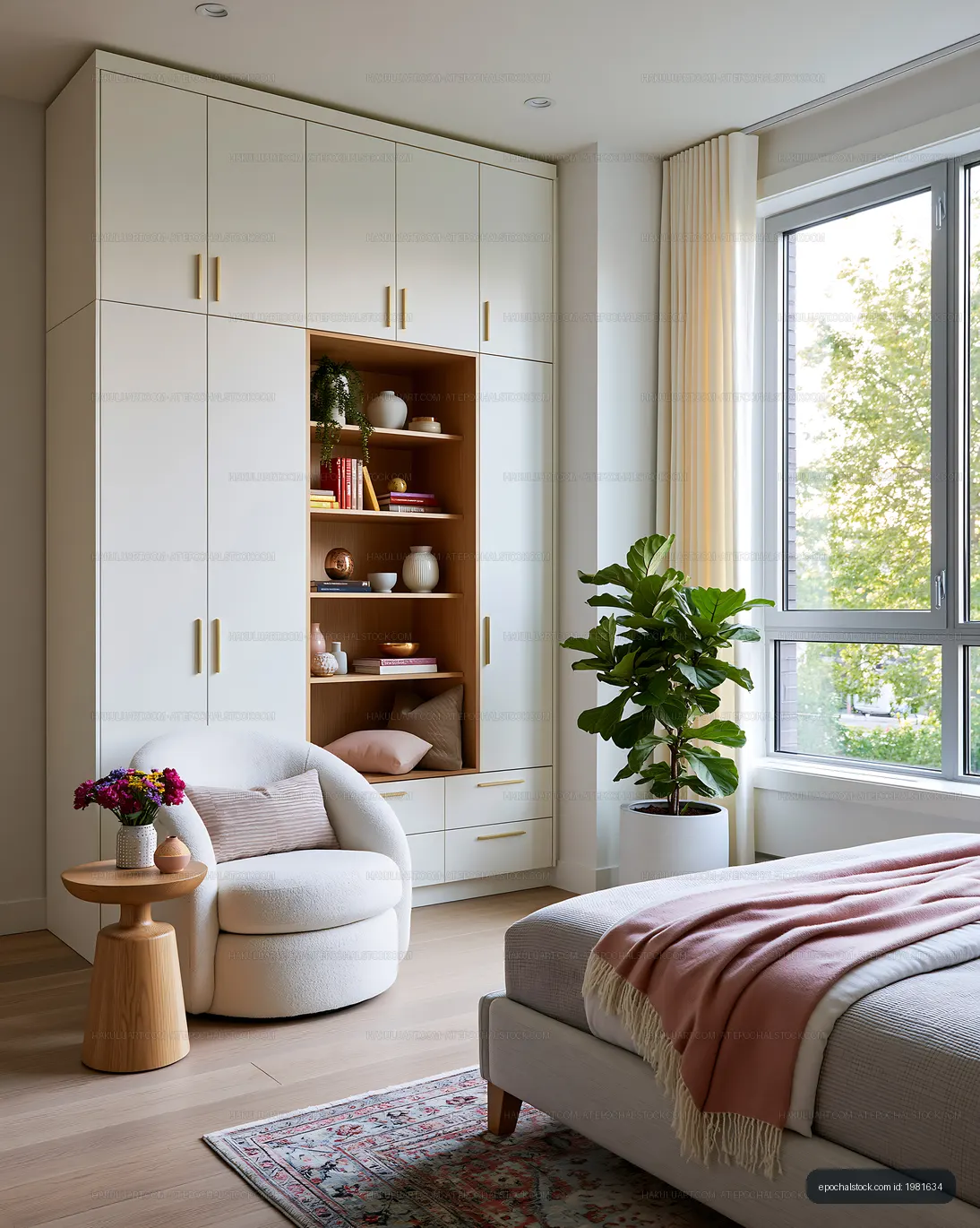 Calm bedroom interior with white cabinets, plant, and soft bedding