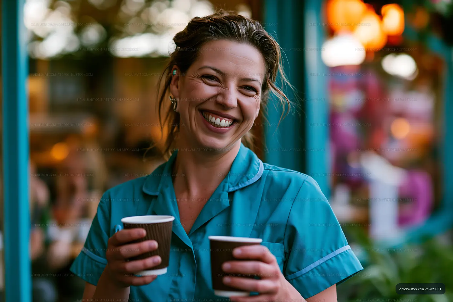 Cheerful woman enjoying coffee outdoors