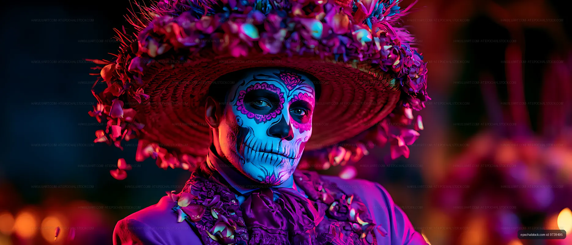 Dramatic portrait with skull face paint and flowered hat
