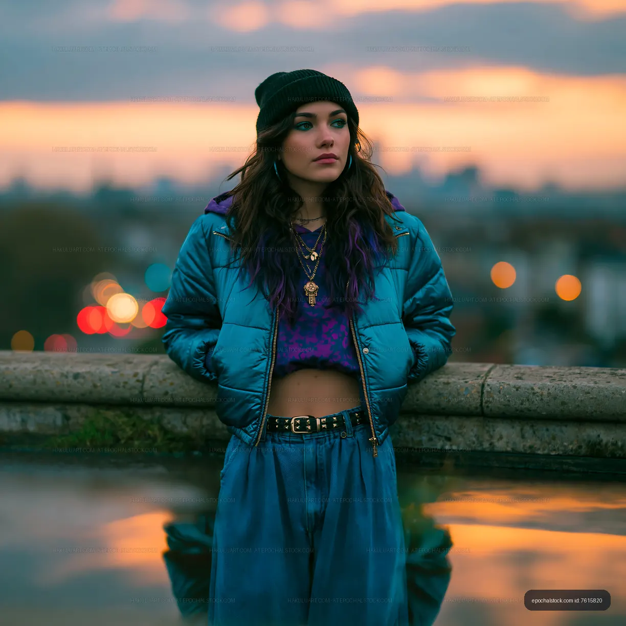 Moody sunset portrait of woman in blue puffer jacket