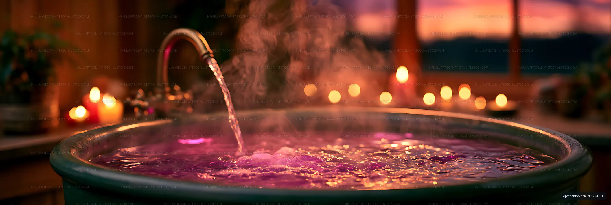 Steaming basin with candlelit flowing water
