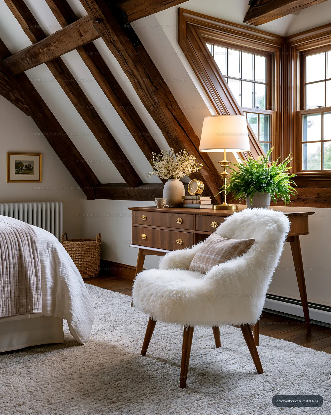 Inviting attic bedroom with timber beams and a textured lounge chair