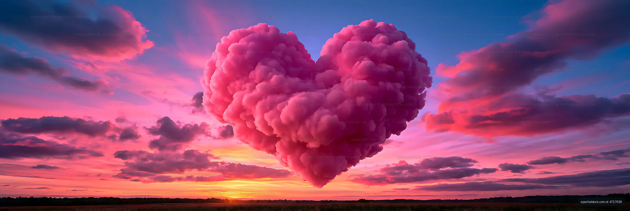 Pink heart-shaped cloud above a sunset horizon