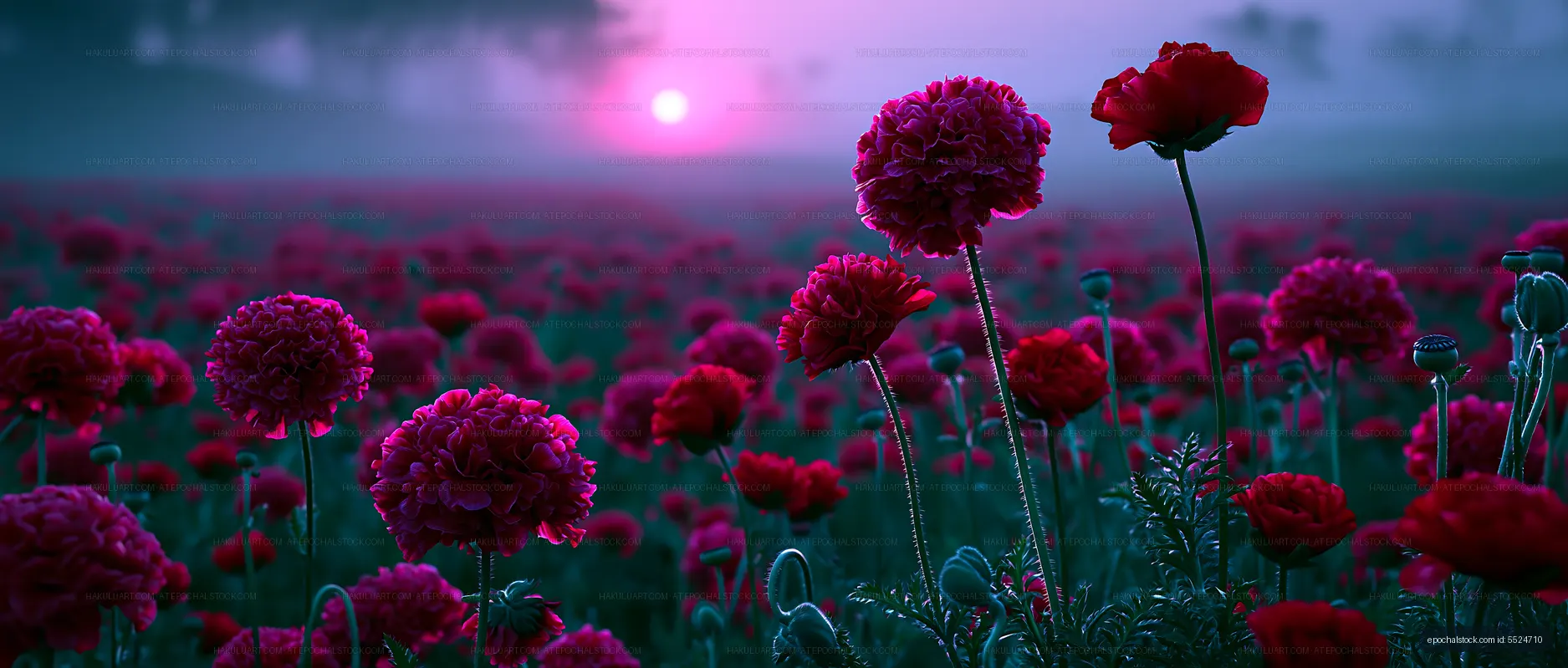 Vibrant flowers during sunset captured in a misty field