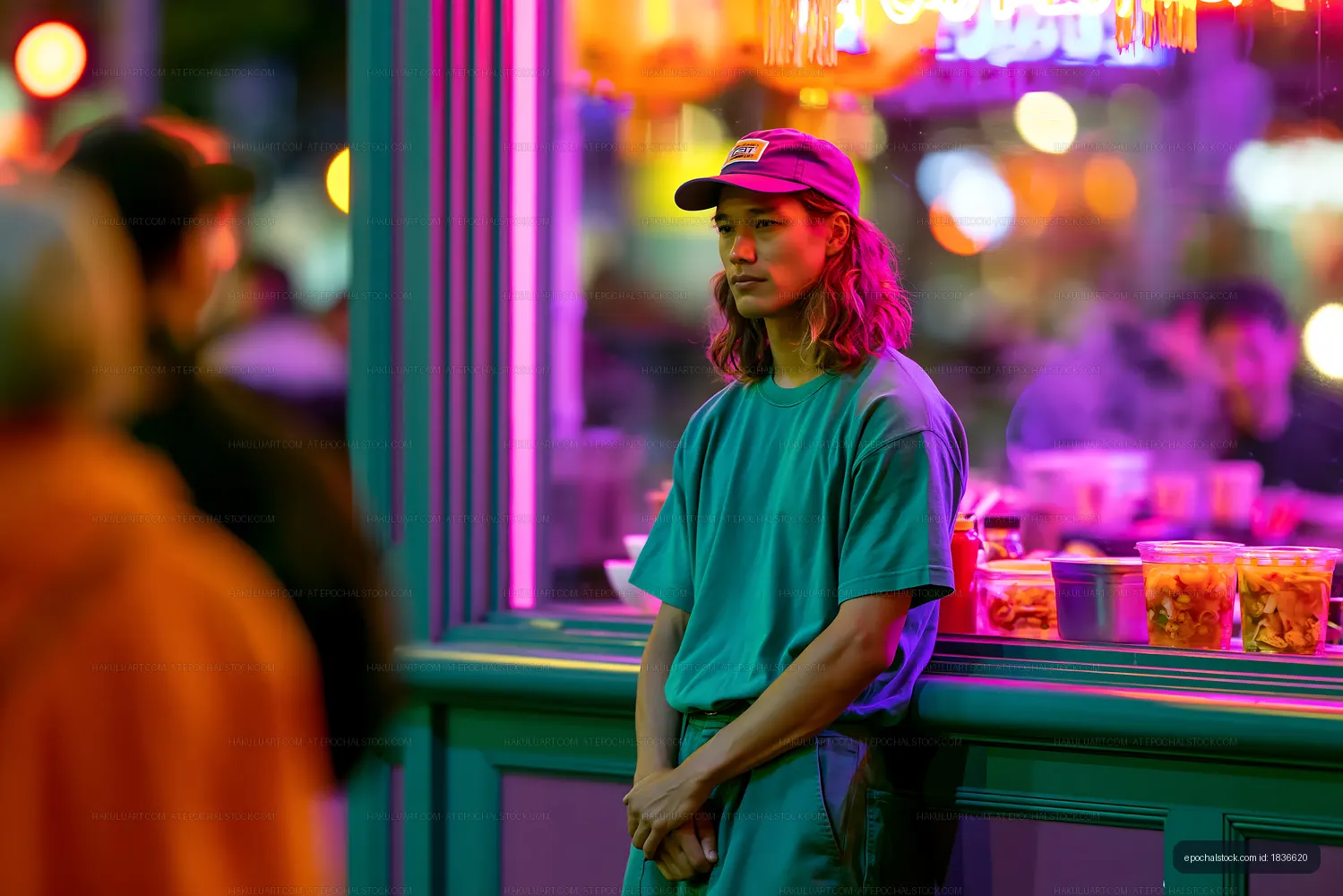 Cap-wearing woman in vivid neon food stall lighting