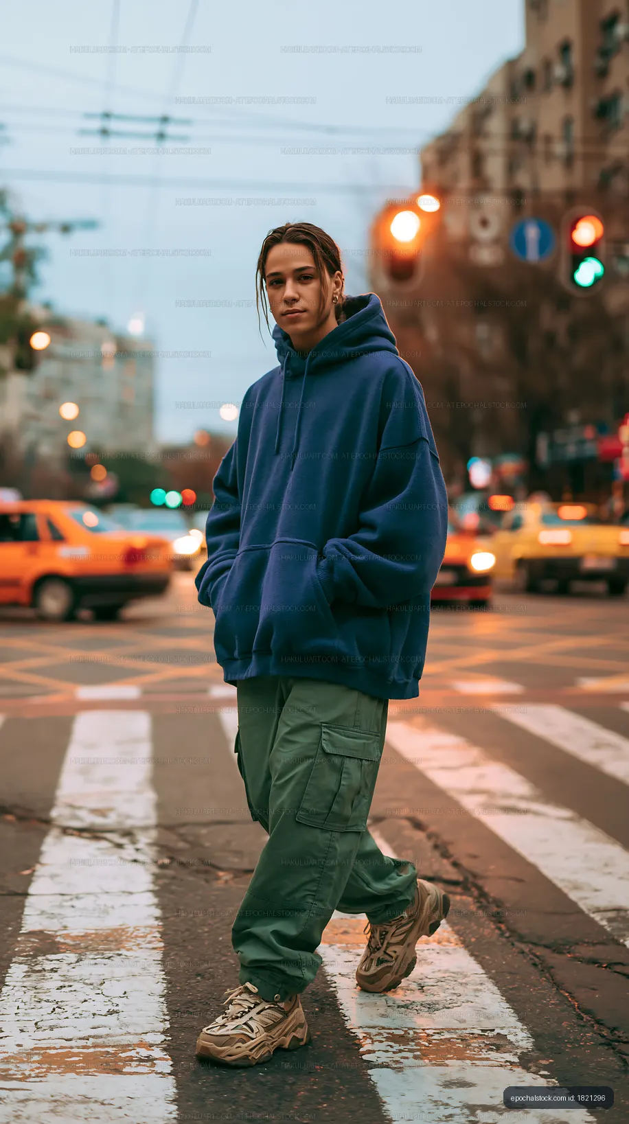 Young adult in hoodie crossing a city intersection
