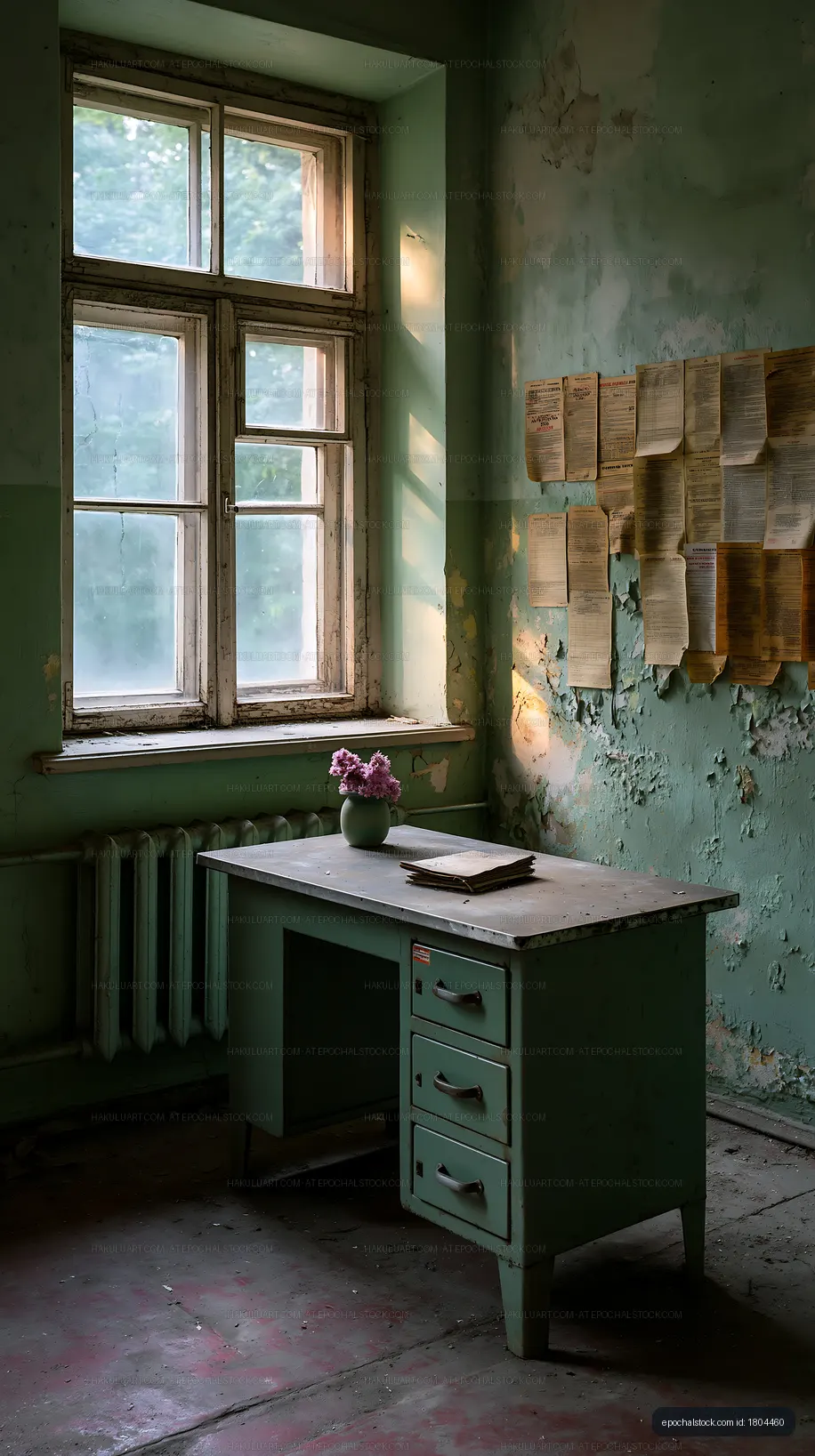 Weathered green room with a vintage desk by the window