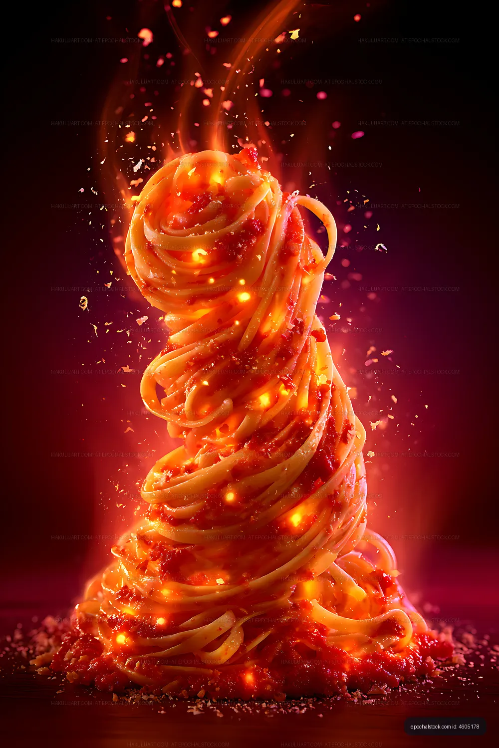 Fiery glowing spiral pasta with scattered crumbs and sparks