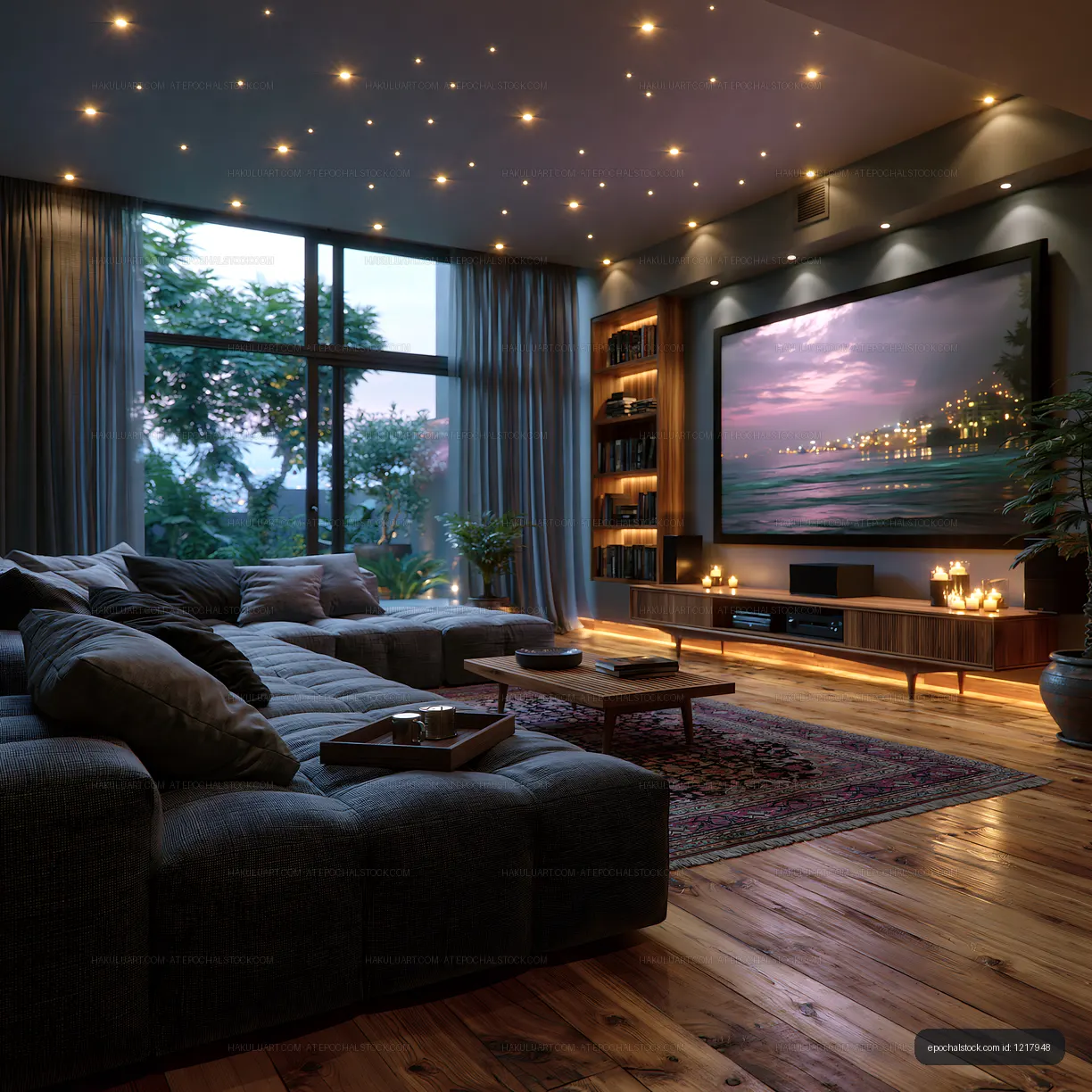 Elegant cozy living room with sunset media display