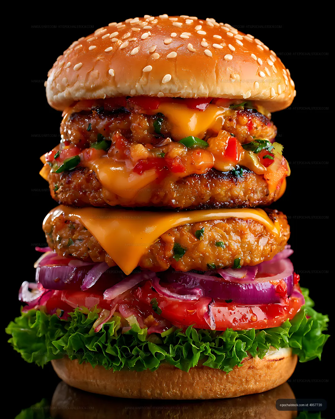 Gourmet double cheeseburger with colorful toppings