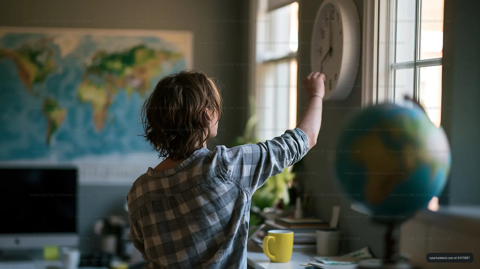 Child pointing toward clock beside a world map