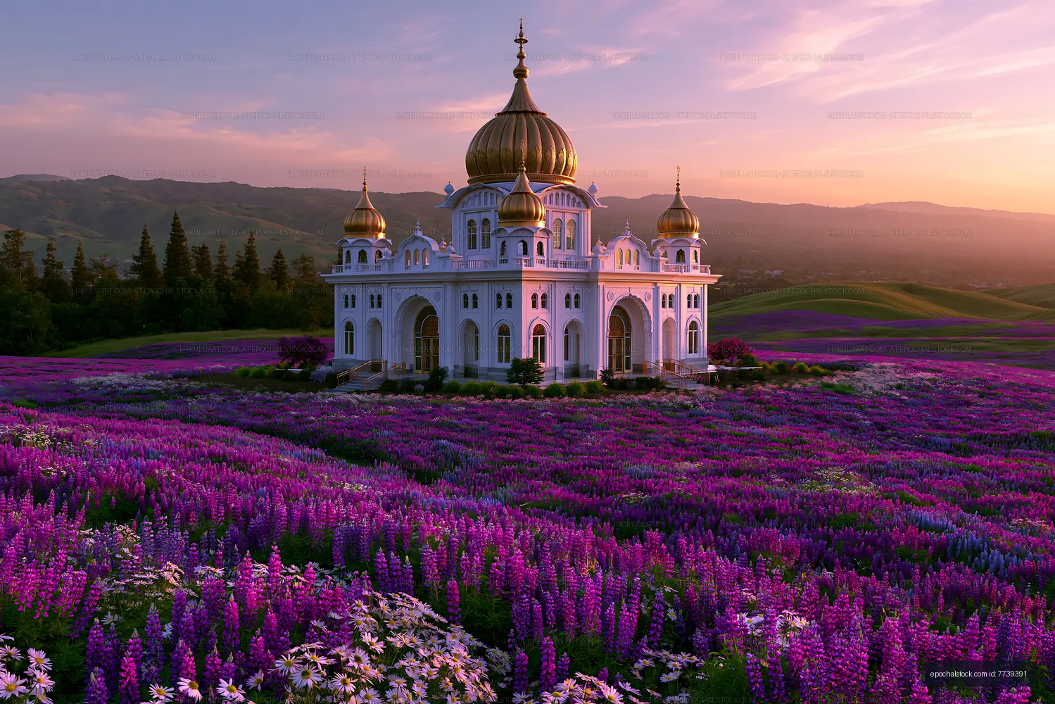 Ornate golden-domed building in a purple flower field