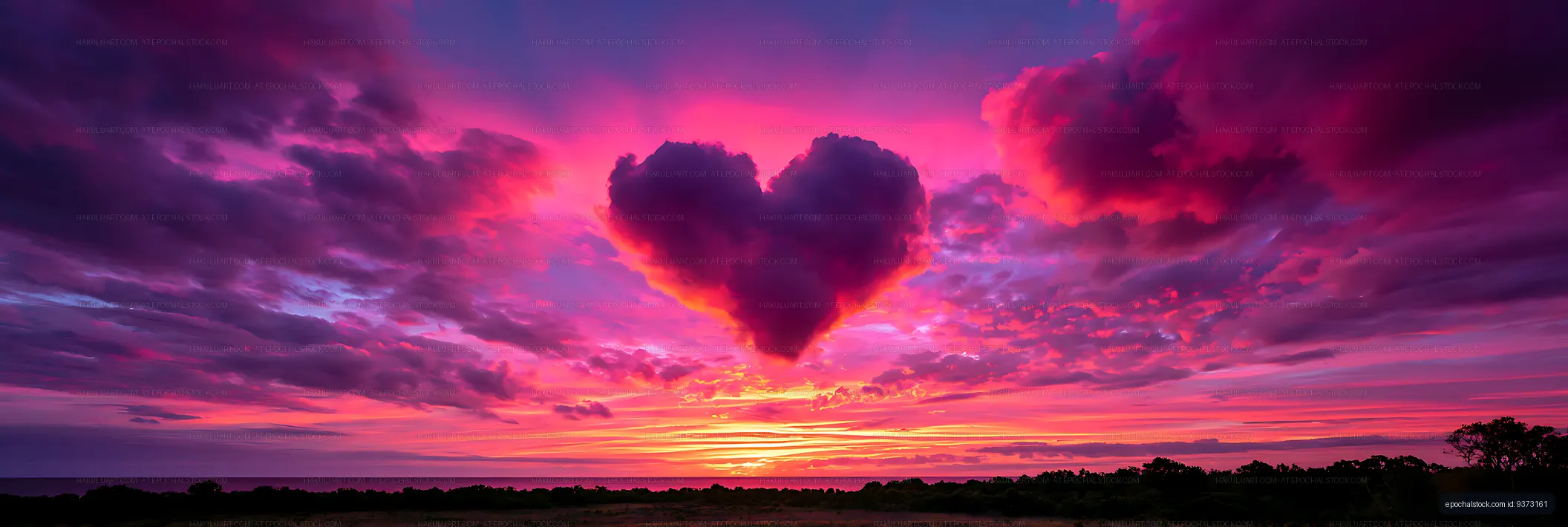 Heart-shaped cloud above a vivid sunset landscape