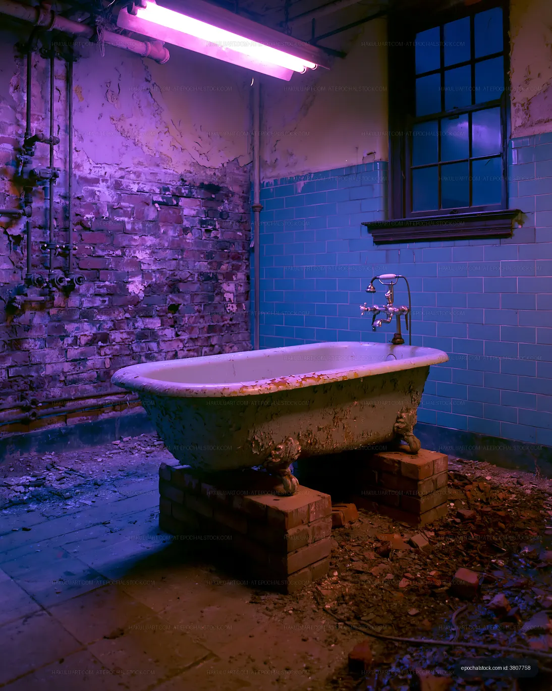 Weathered bathtub surrounded by brick and peeling walls