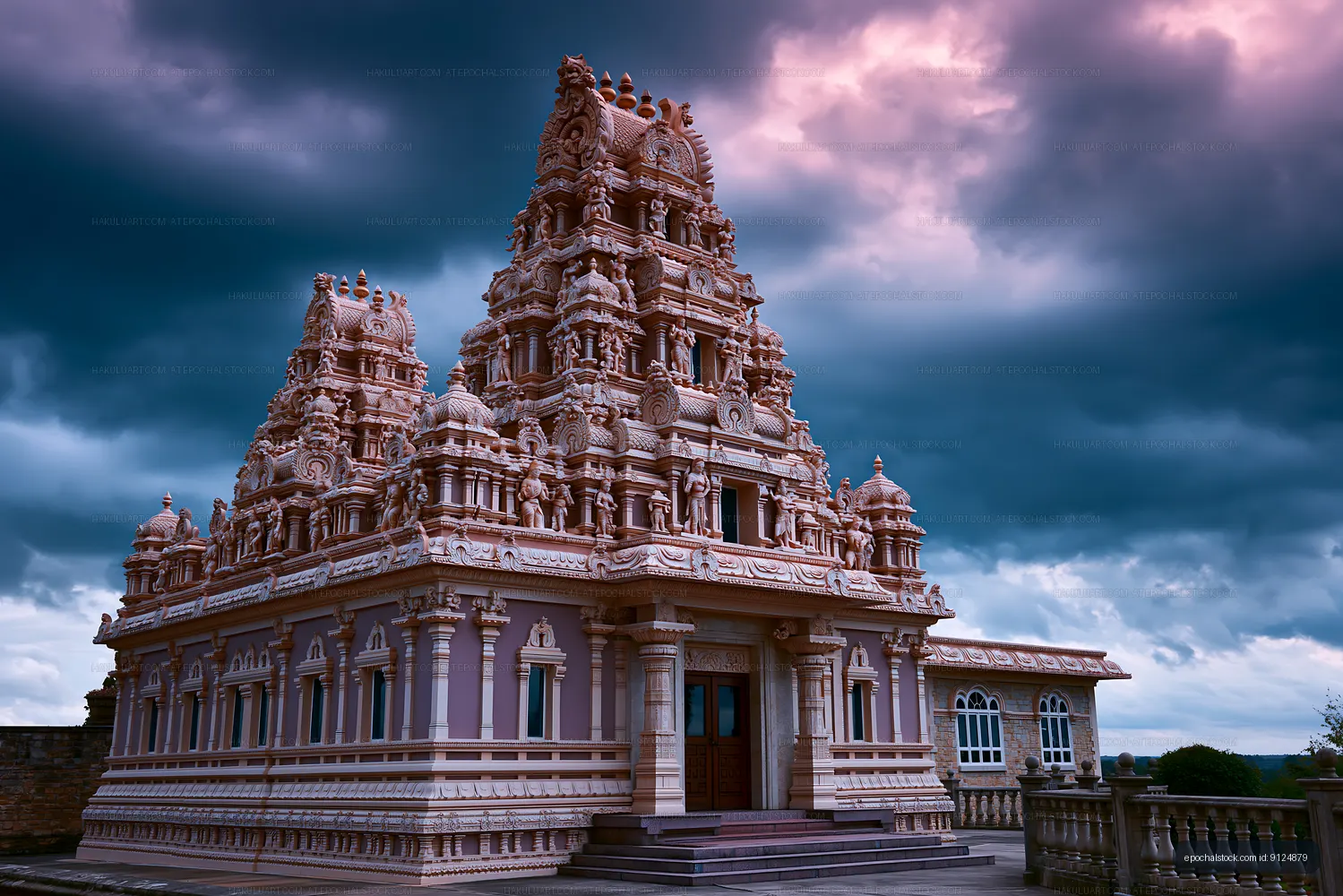 Detailed Hindu temple with sculpted towers and storm clouds