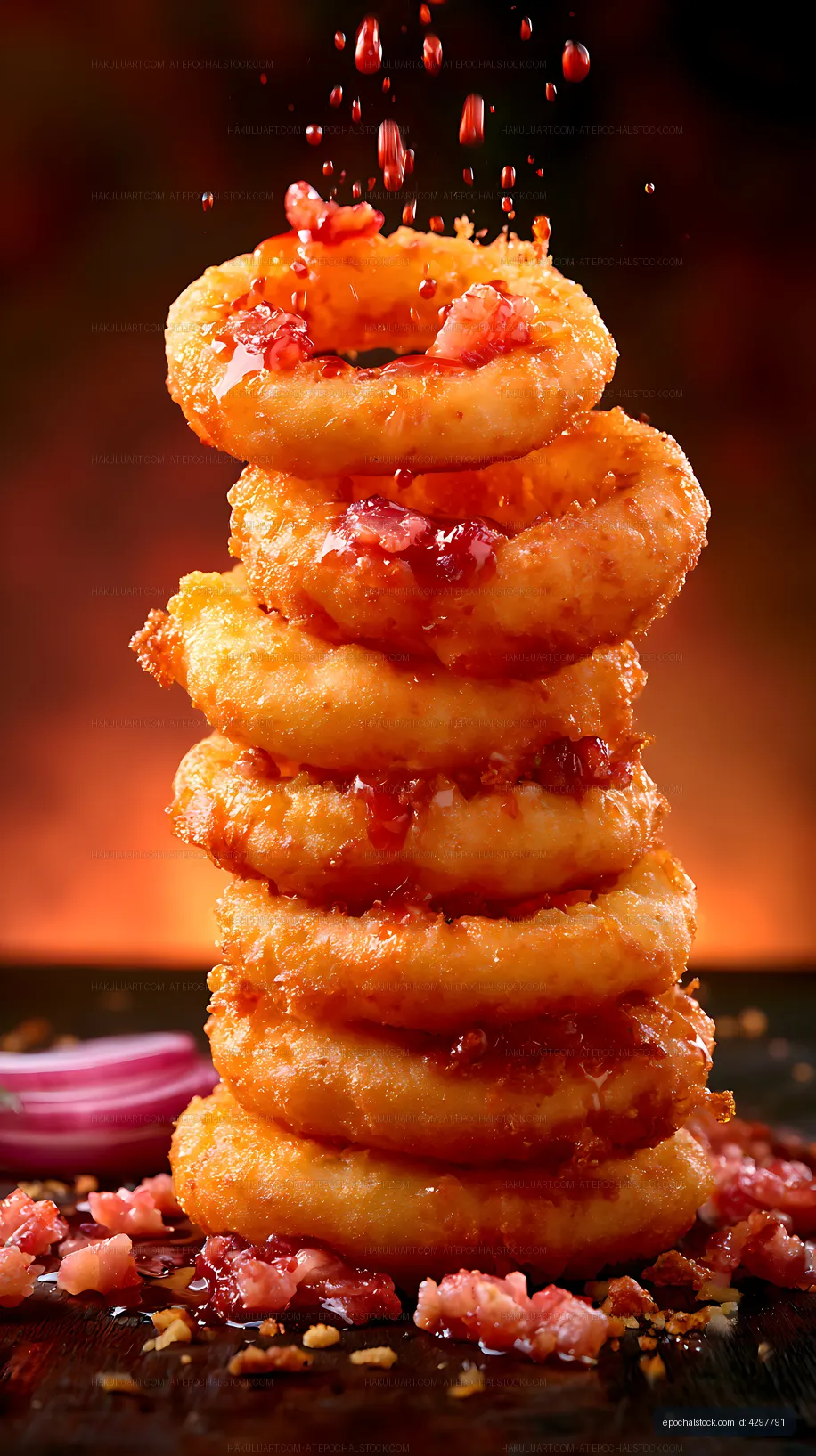 Golden ring pastries stacked with glossy red fruit filling