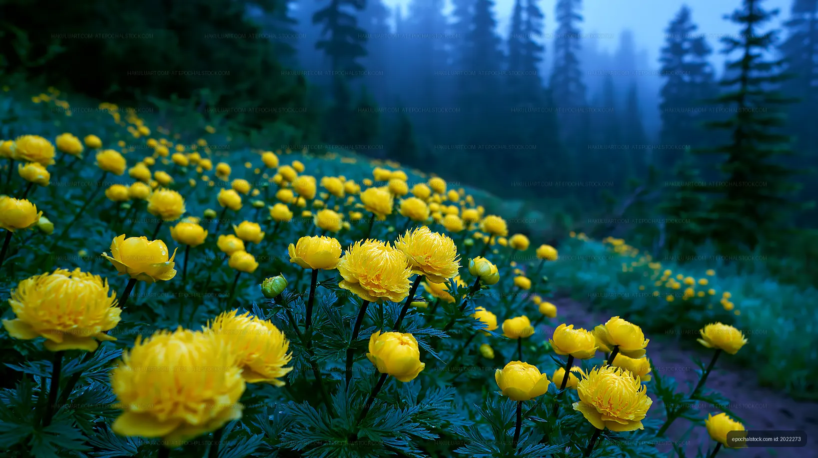 Misty forest clearing with yellow blooming flowers