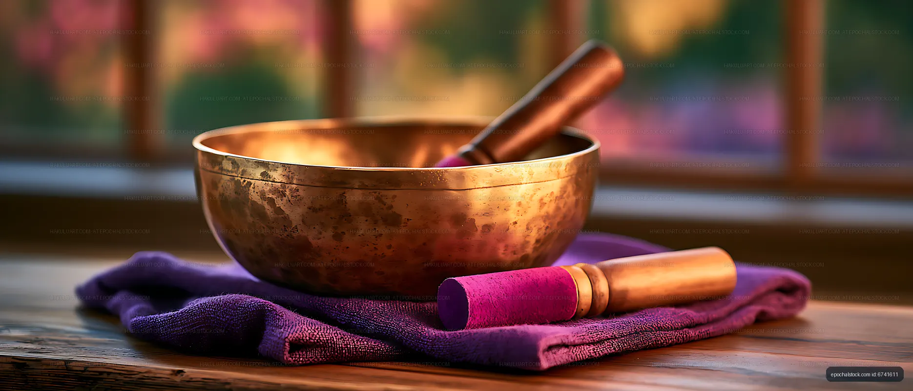 Singing bowl and mallet arranged on purple fabric