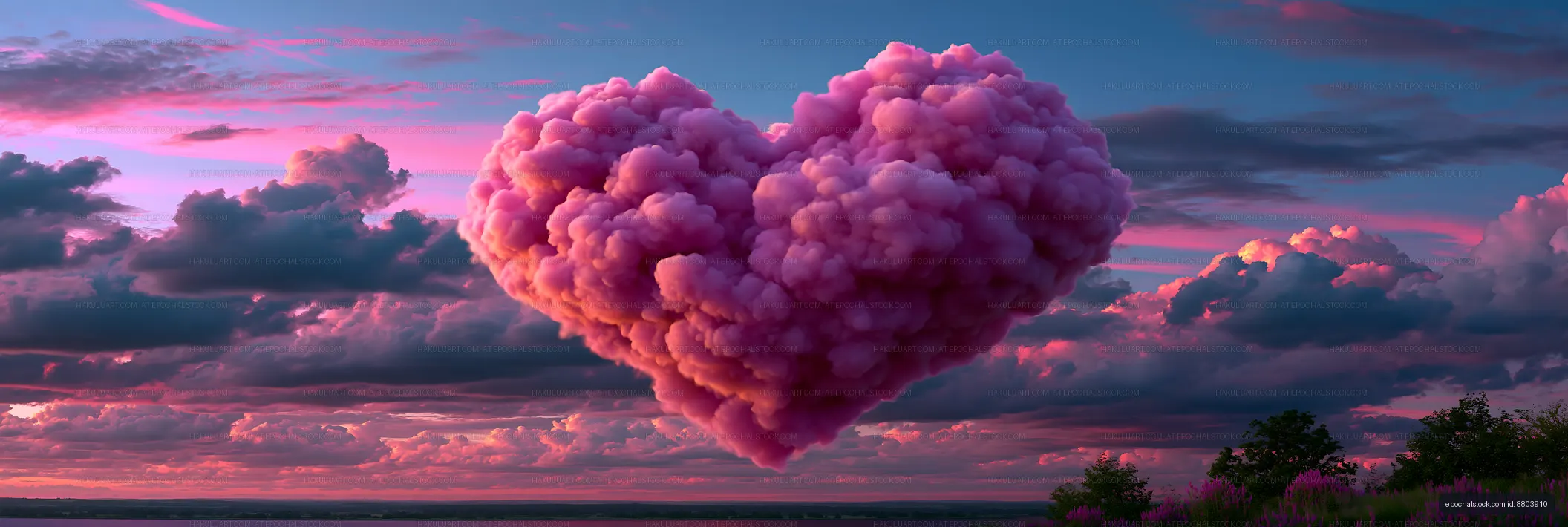 Pink heart-shaped cloud over a dramatic sunset horizon