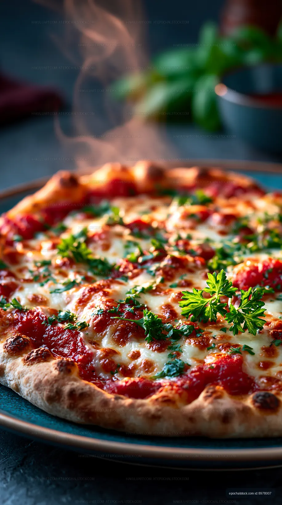 Close-up cheese pizza with tomato and parsley