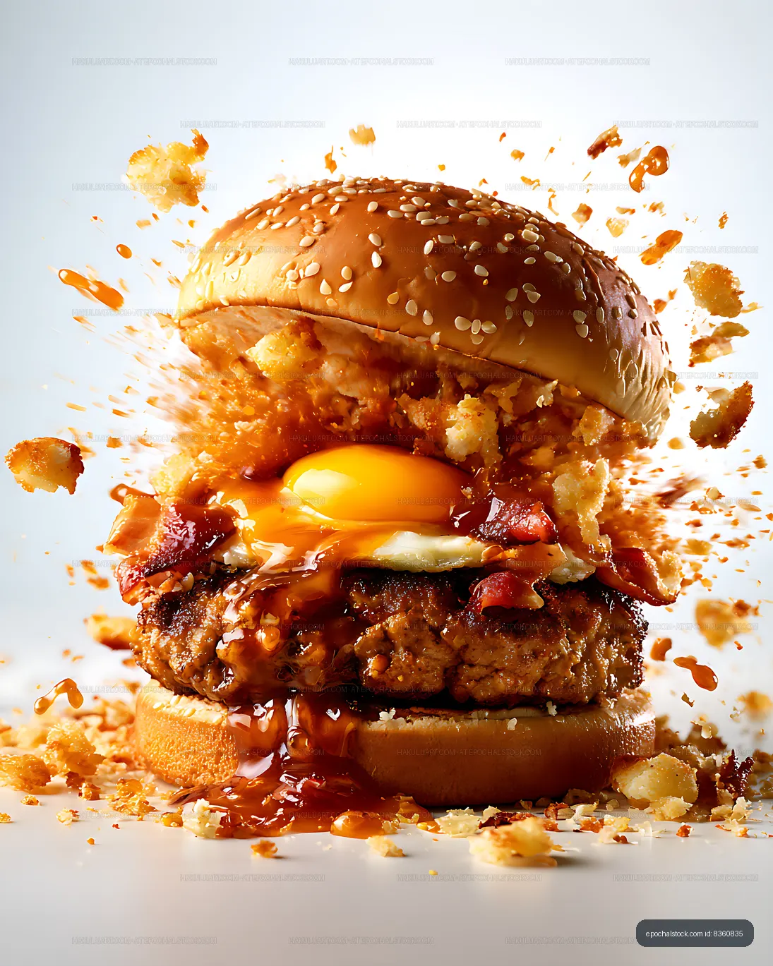 Loaded burger with egg, bacon, sesame bun, and splashing sauce
