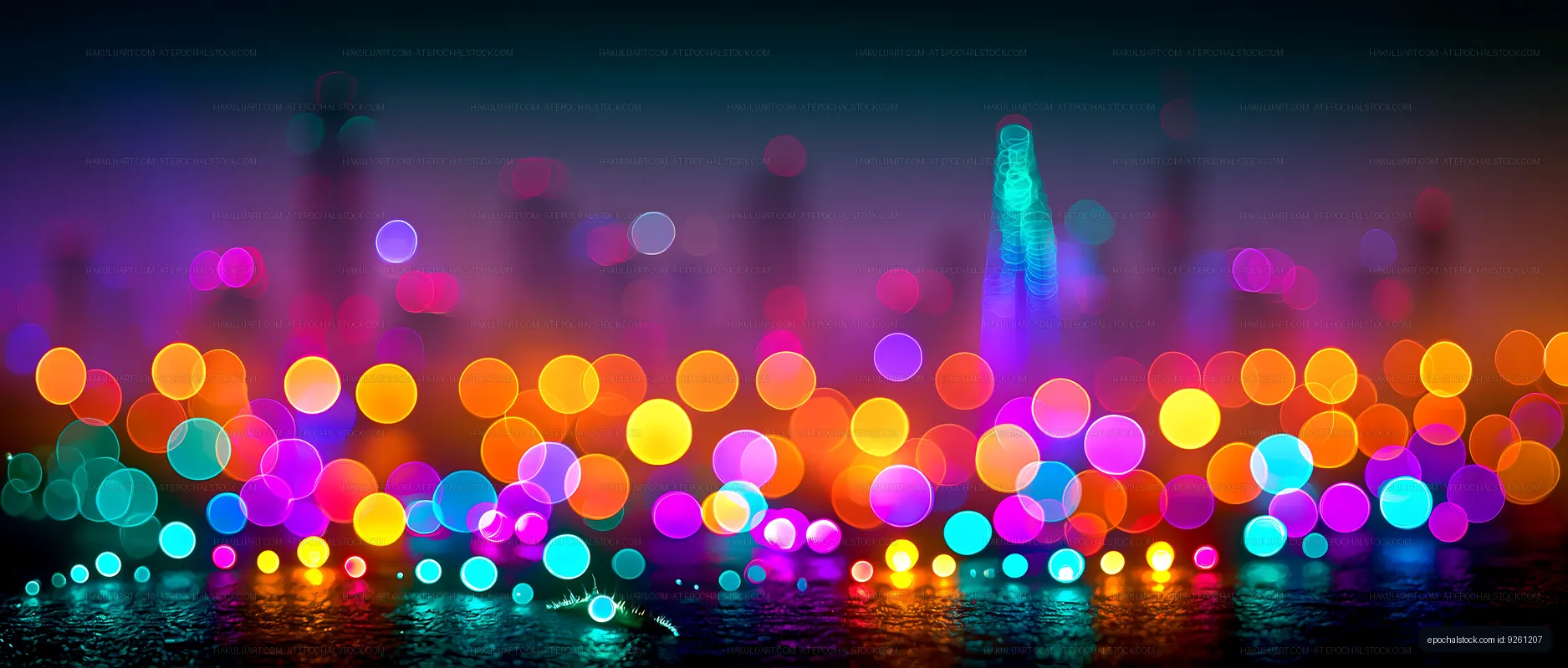 City skyline at night with colorful bokeh lights