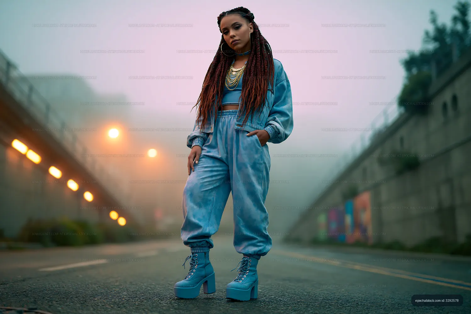 Blue streetwear fashion portrait in an urban setting