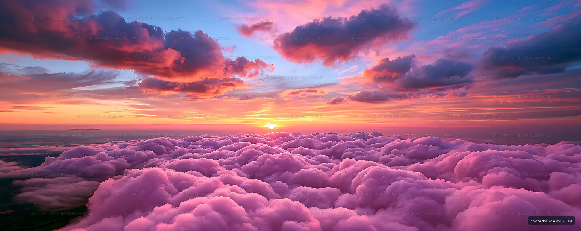 Panoramic sunset over a glowing cloud sea