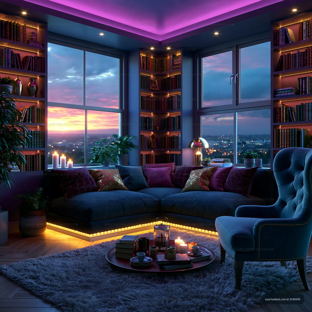 Colorful cozy library living room with sunset windows