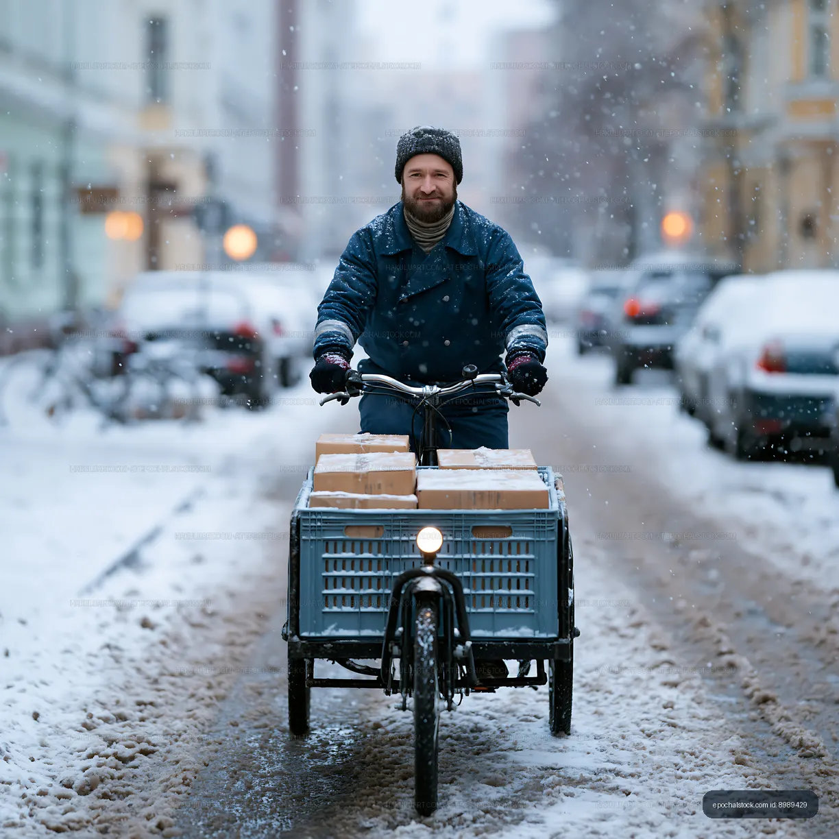 Delivery person rides bicycle with packages in snowy street