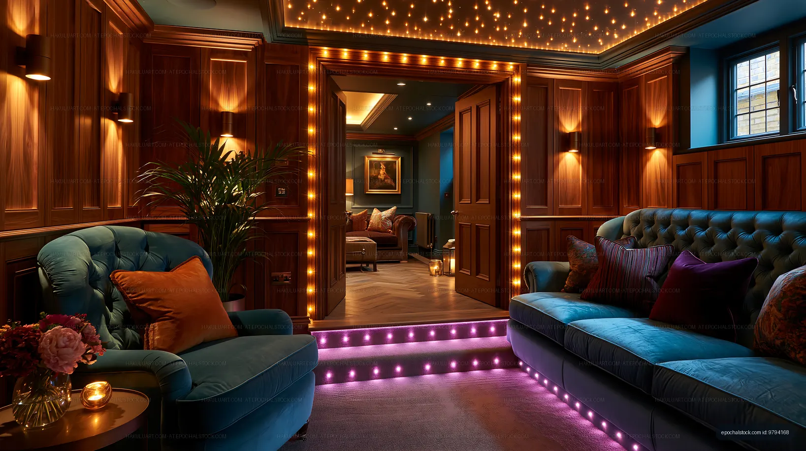 Moody luxury lounge interior with blue seating and glowing lights