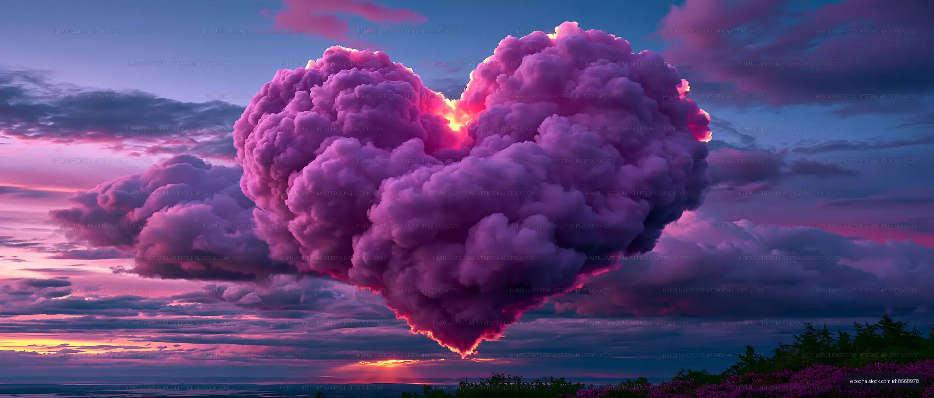 Surreal purple cloudscape over a glowing sunset horizon