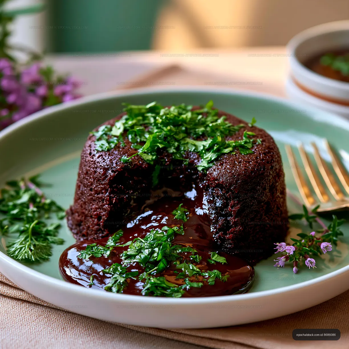 Close-up of chocolate lava cake with glossy sauce