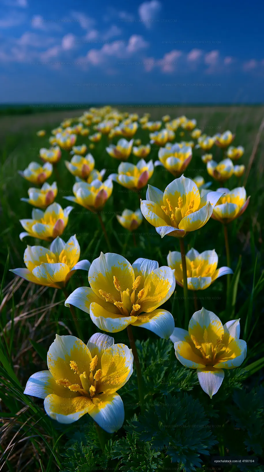 Blooming yellow and white flowers in a grassy field