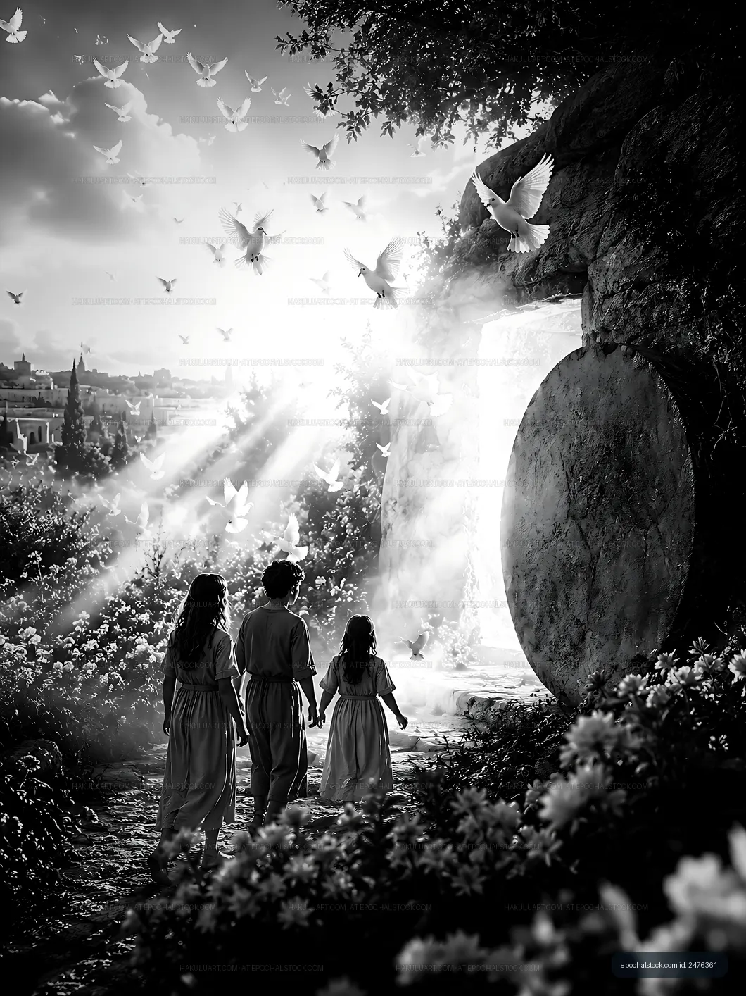 Three figures walk towards a stone entrance with doves in the sky