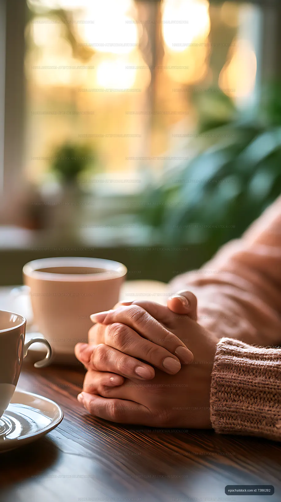 Hands resting beside coffee on a sunlit wooden table