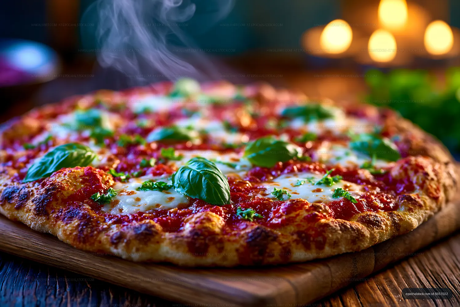 Fresh Pizza with Tomato, Cheese, Basil and Steam