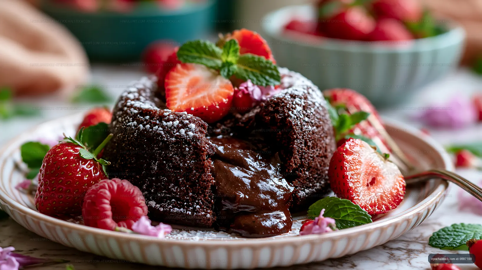 Decadent chocolate fondant with berries and mint
