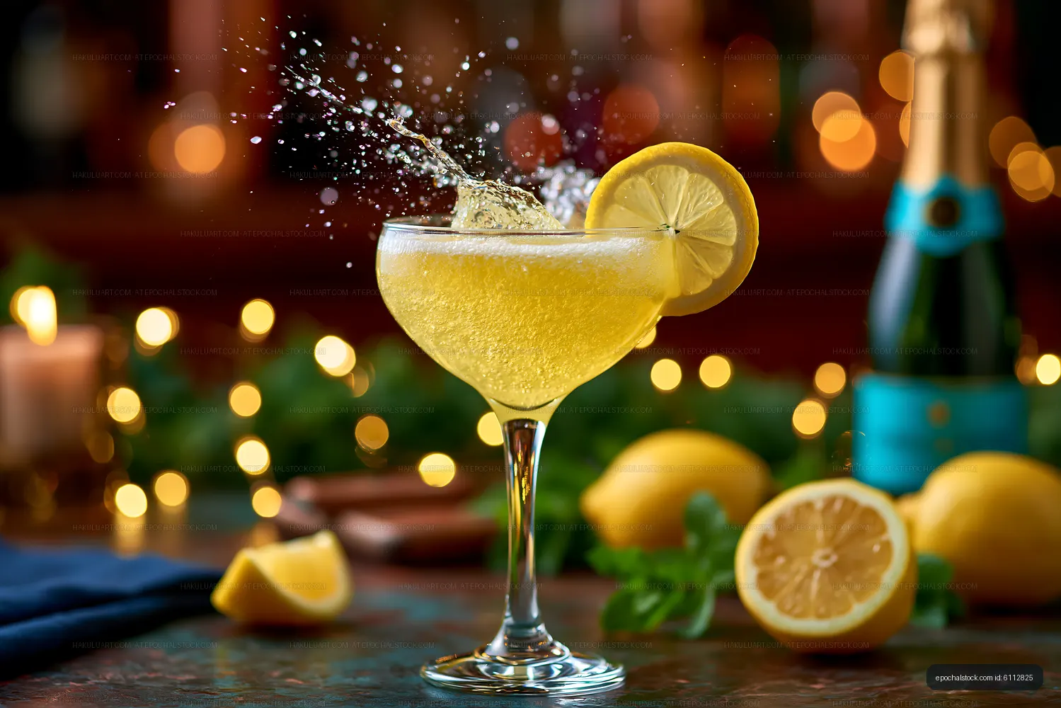Fizzy lemon cocktail with dramatic splash and lemons