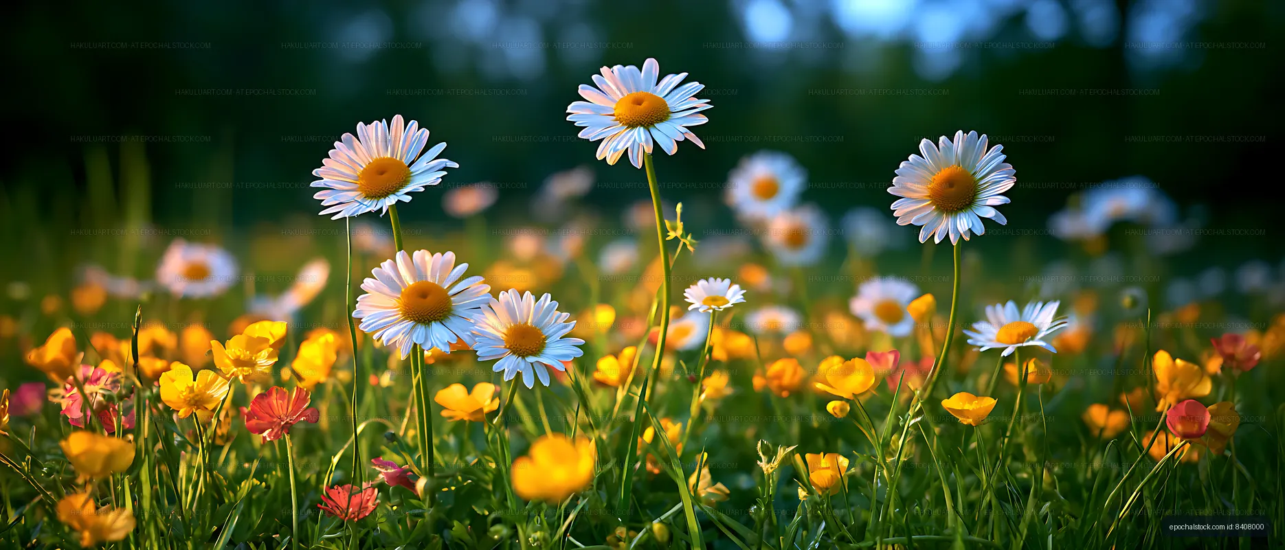 Sunlit meadow filled with daisies and vibrant wildflowers
