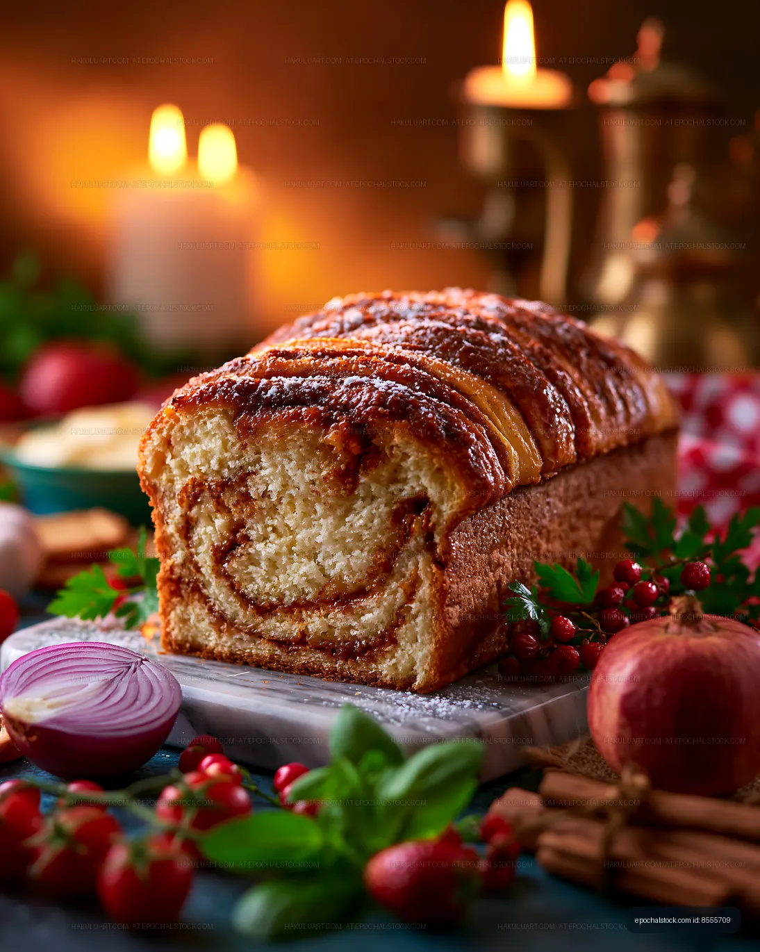 Spiced cinnamon swirl bread with seasonal decorations