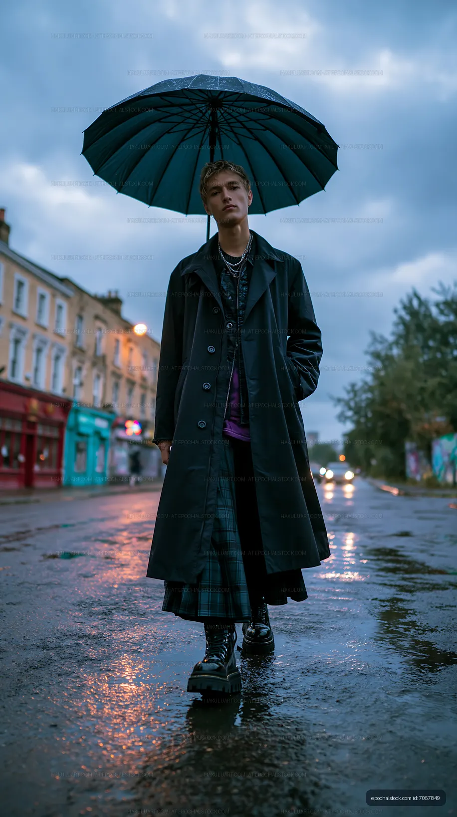 Rainy urban portrait with umbrella and reflective pavement
