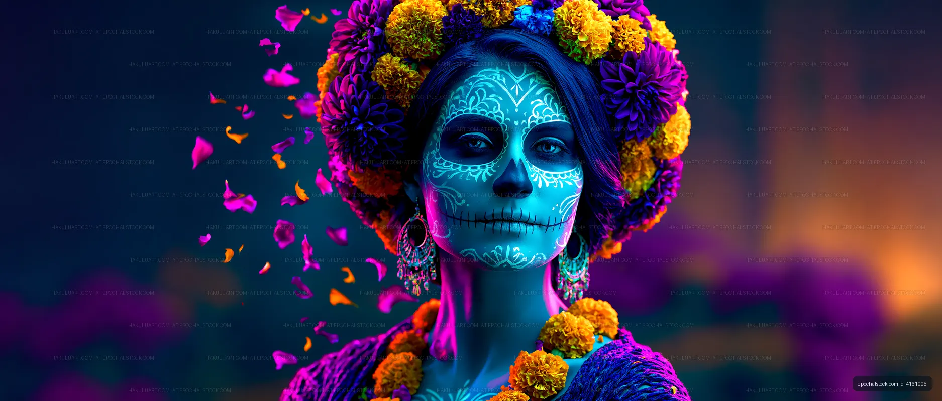 Skull-inspired face paint and vibrant marigold floral portrait