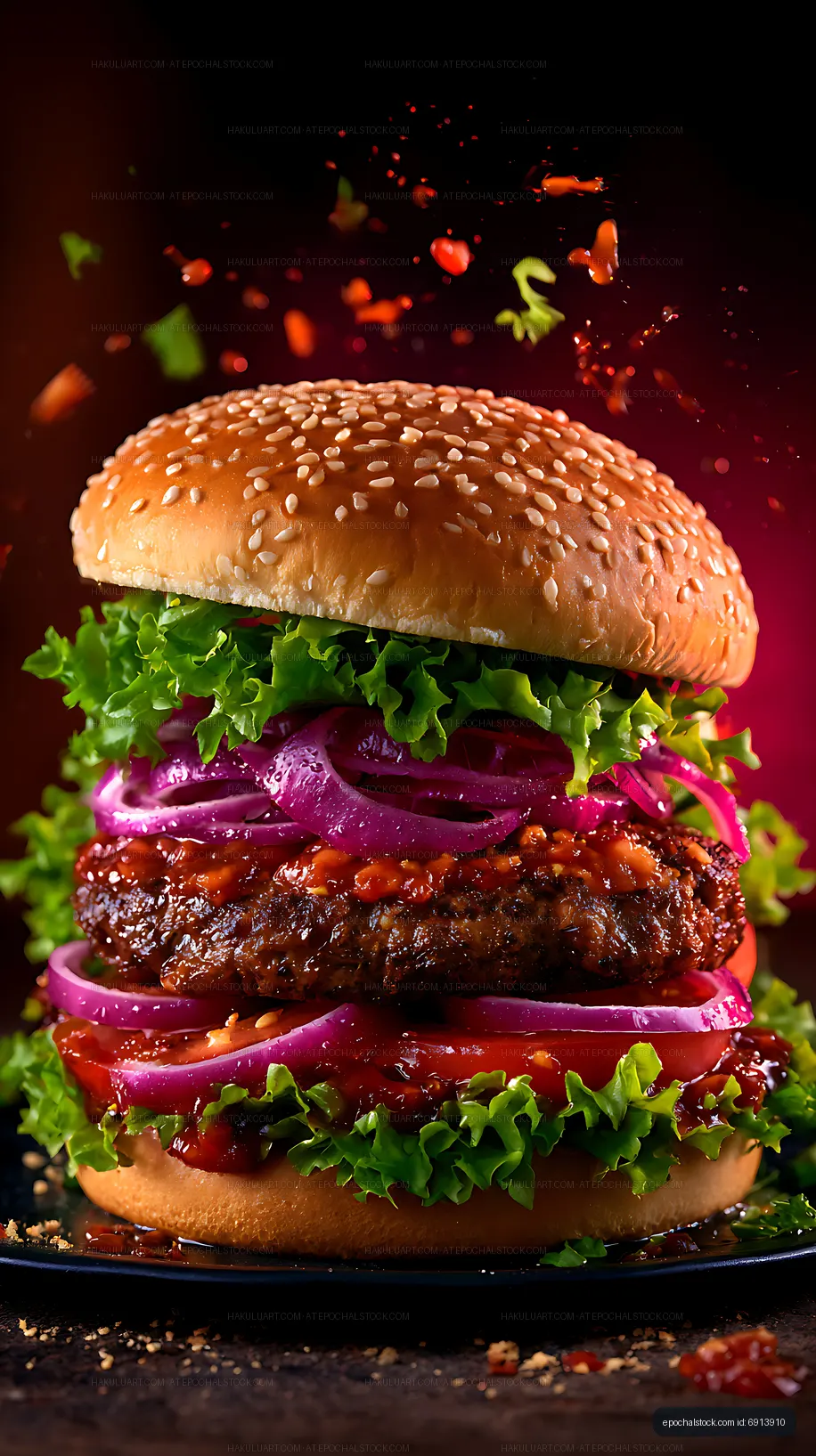 Stacked barbecue burger with sesame bun and colorful toppings