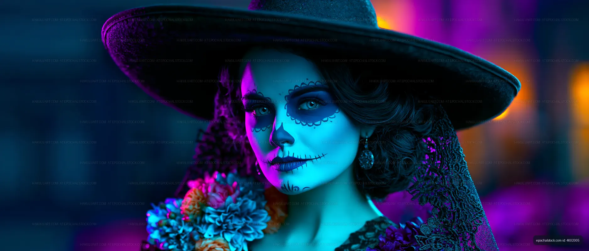 Dramatic close portrait with skull makeup and flowers