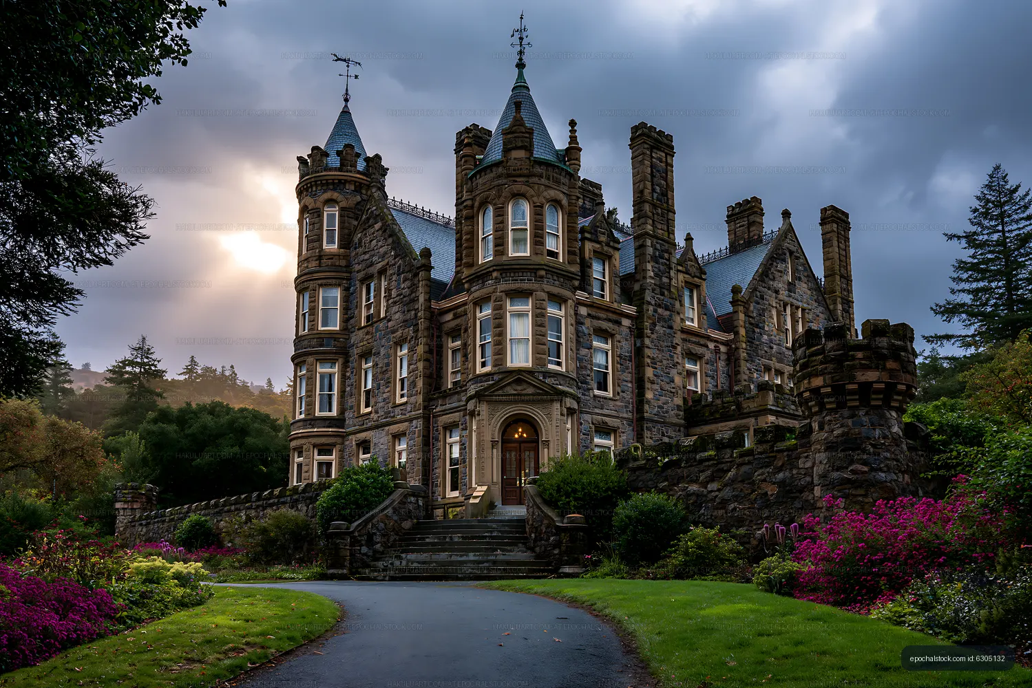 Stone mansion and colorful garden under a cloudy sky