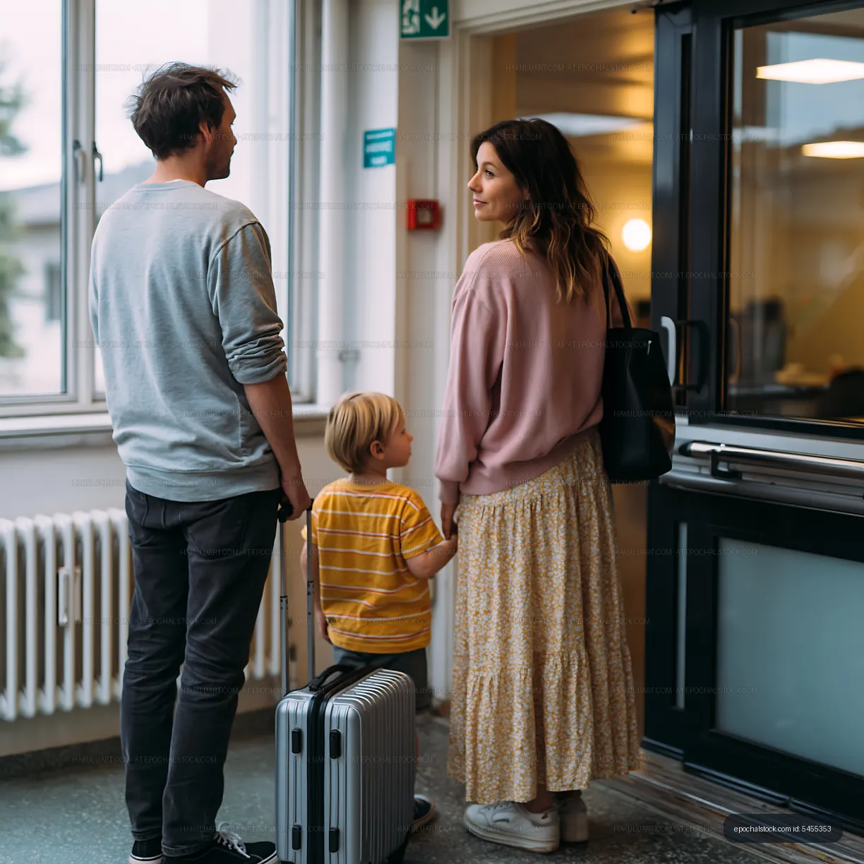 Three-person family with rolling luggage by doorway