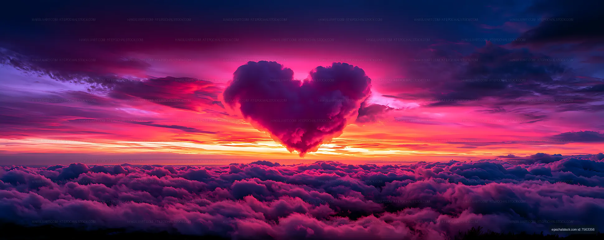 Surreal heart cloud floating above a colorful sunset